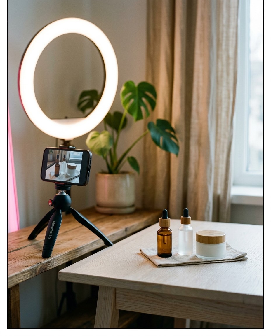 Coin studio d'une créatrice avec smartphone sur trépied face à ses produits