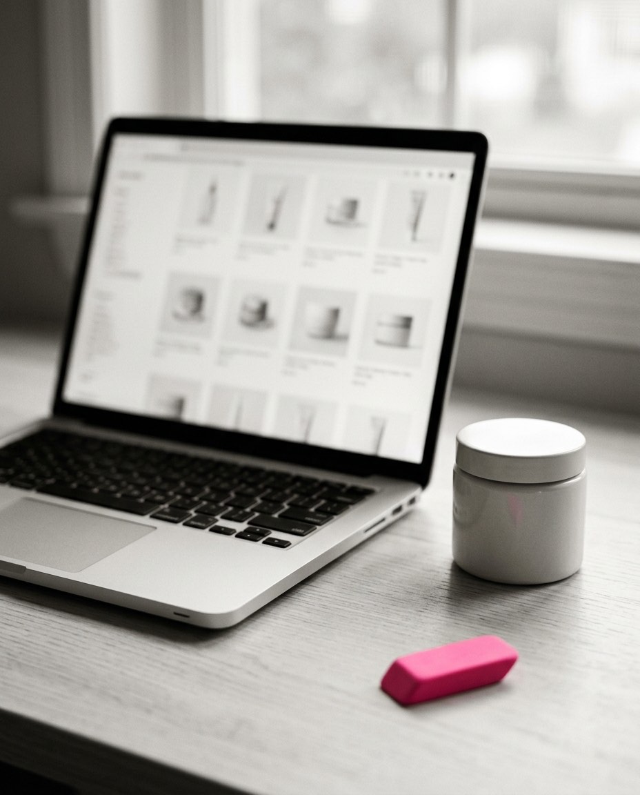 Boutique en ligne ouverte sur un ordinateur portable à côté d'un produit